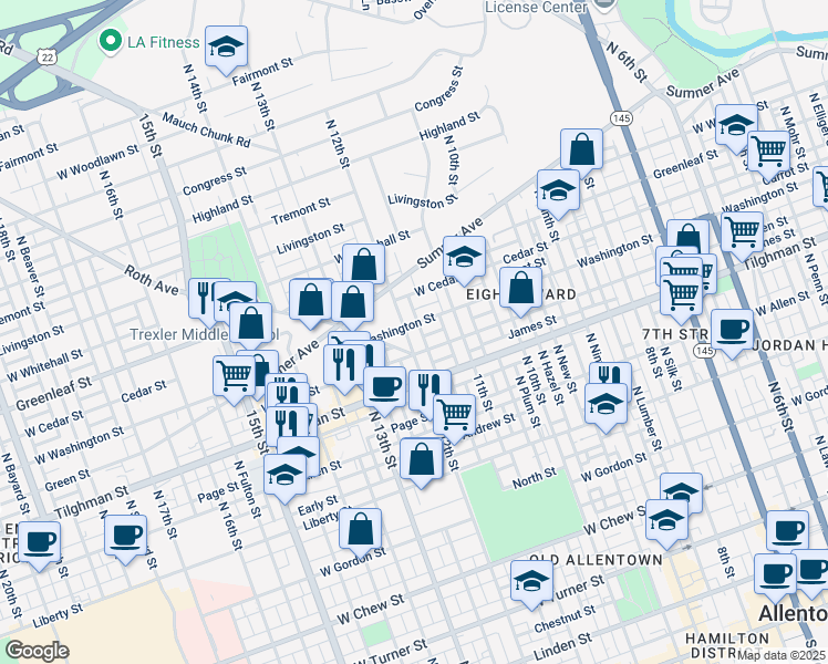 map of restaurants, bars, coffee shops, grocery stores, and more near 739 North 12th Street in Allentown