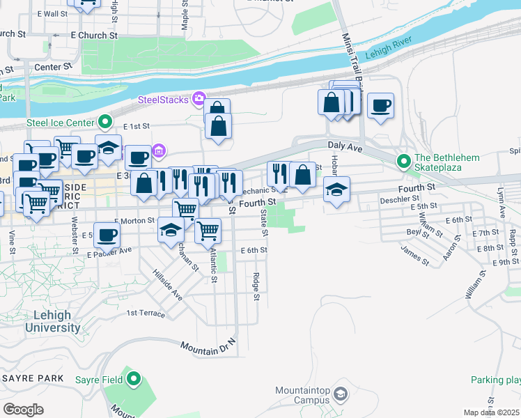 map of restaurants, bars, coffee shops, grocery stores, and more near 935 East 4th Street in Bethlehem
