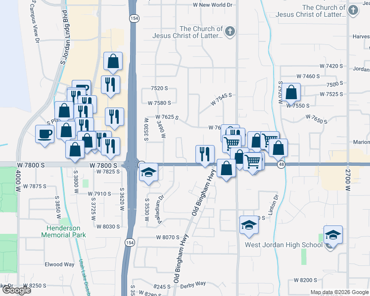 map of restaurants, bars, coffee shops, grocery stores, and more near 7741 South Briar Drive in West Jordan