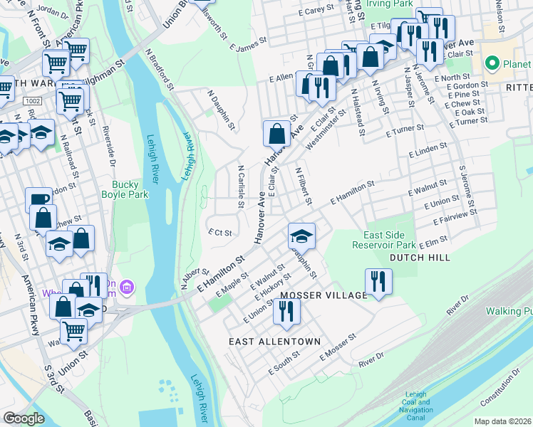 map of restaurants, bars, coffee shops, grocery stores, and more near in Allentown