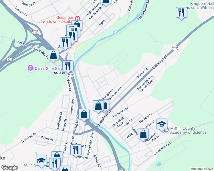map of restaurants, bars, coffee shops, grocery stores, and more near 14 Rosemont Avenue in Lewistown