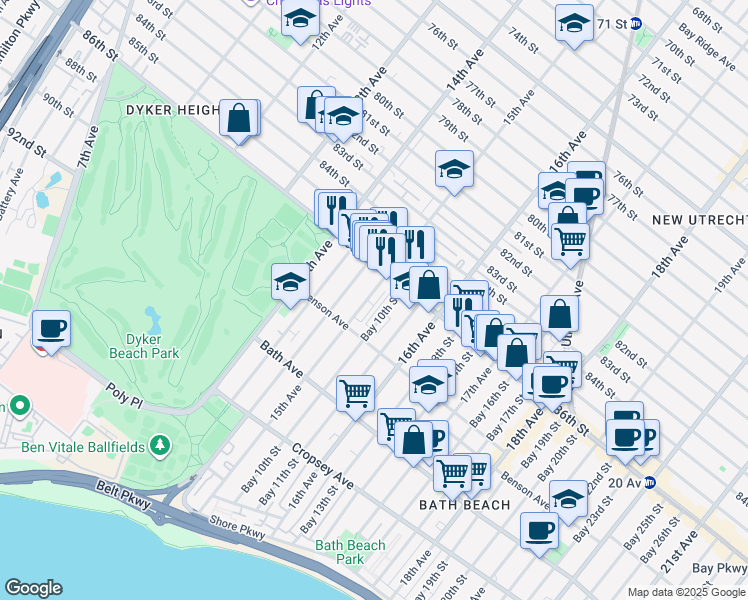 map of restaurants, bars, coffee shops, grocery stores, and more near 8633 15th Avenue in Brooklyn