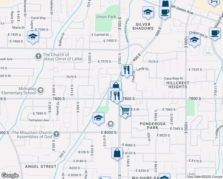map of restaurants, bars, coffee shops, grocery stores, and more near 661-671 Candlelite Lane in Midvale
