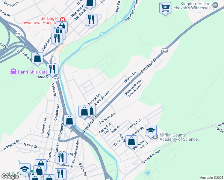 map of restaurants, bars, coffee shops, grocery stores, and more near 52 Spanogle Avenue in Lewistown