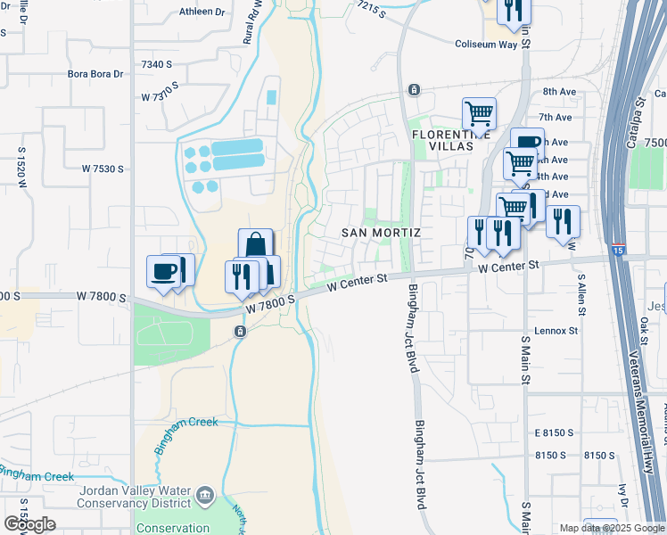 map of restaurants, bars, coffee shops, grocery stores, and more near West Rooftop Drive in Midvale