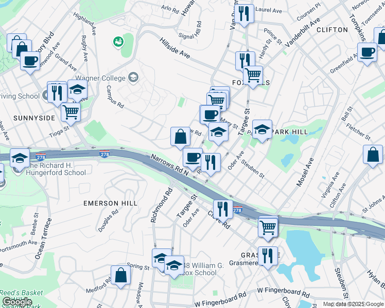 map of restaurants, bars, coffee shops, grocery stores, and more near 11 Concord Place in Staten Island