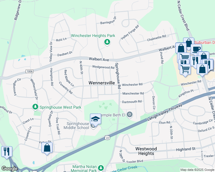 map of restaurants, bars, coffee shops, grocery stores, and more near 1446 Stoneridge Road in Allentown