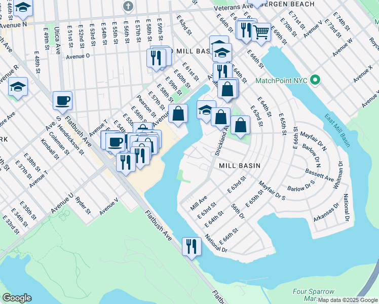map of restaurants, bars, coffee shops, grocery stores, and more near 86 Bell Point Drive in Brooklyn