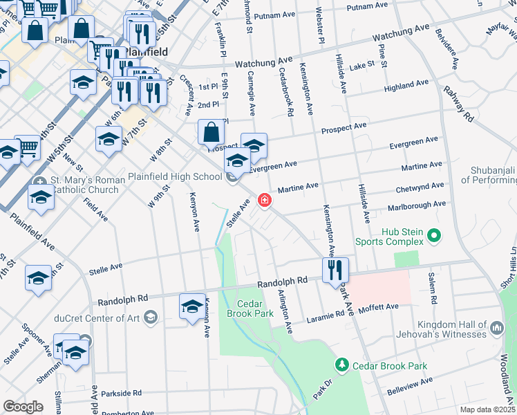 map of restaurants, bars, coffee shops, grocery stores, and more near in Plainfield