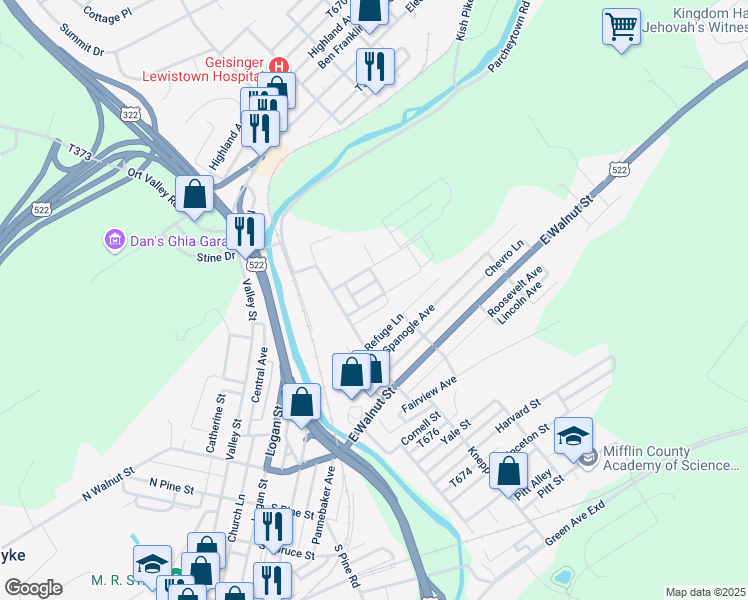 map of restaurants, bars, coffee shops, grocery stores, and more near 12 Rosemont Avenue in Lewistown