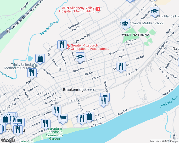 map of restaurants, bars, coffee shops, grocery stores, and more near 1076 Roup Avenue in Brackenridge