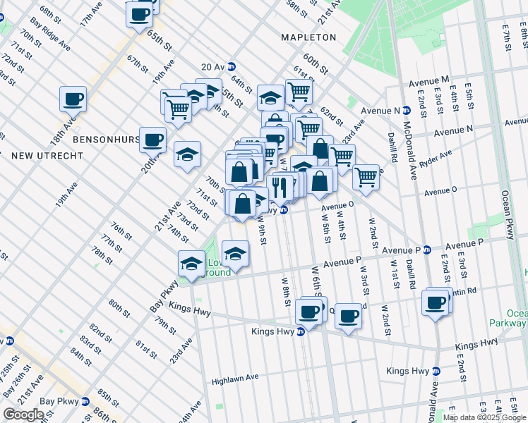map of restaurants, bars, coffee shops, grocery stores, and more near 1471 West 9th Street in Brooklyn