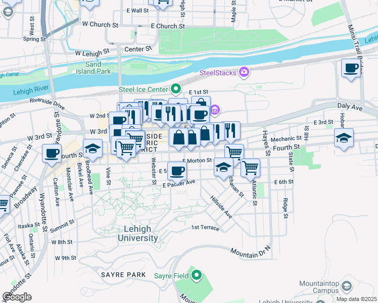map of restaurants, bars, coffee shops, grocery stores, and more near 410 Fourth Street in Bethlehem