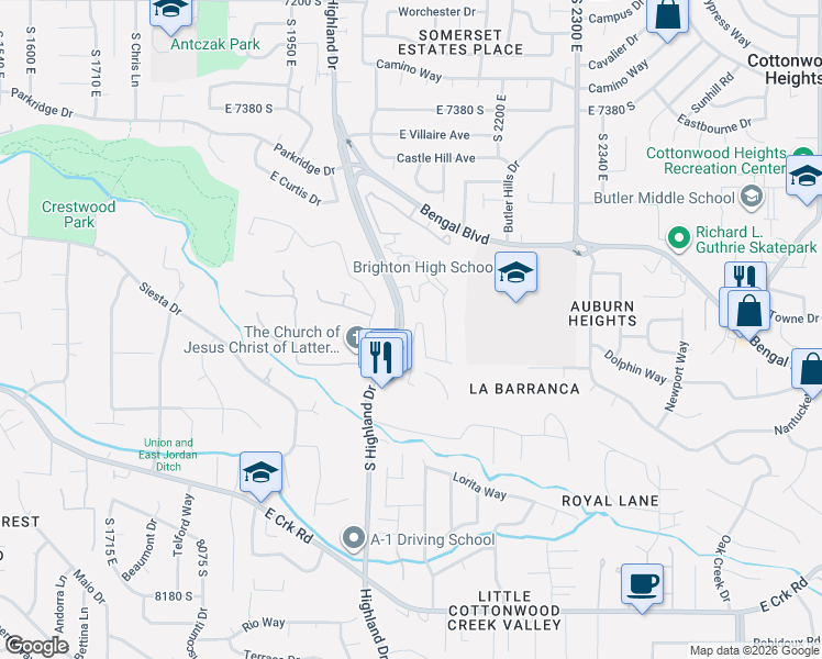 map of restaurants, bars, coffee shops, grocery stores, and more near 2089 Pinnacle Terrace Way in Cottonwood Heights