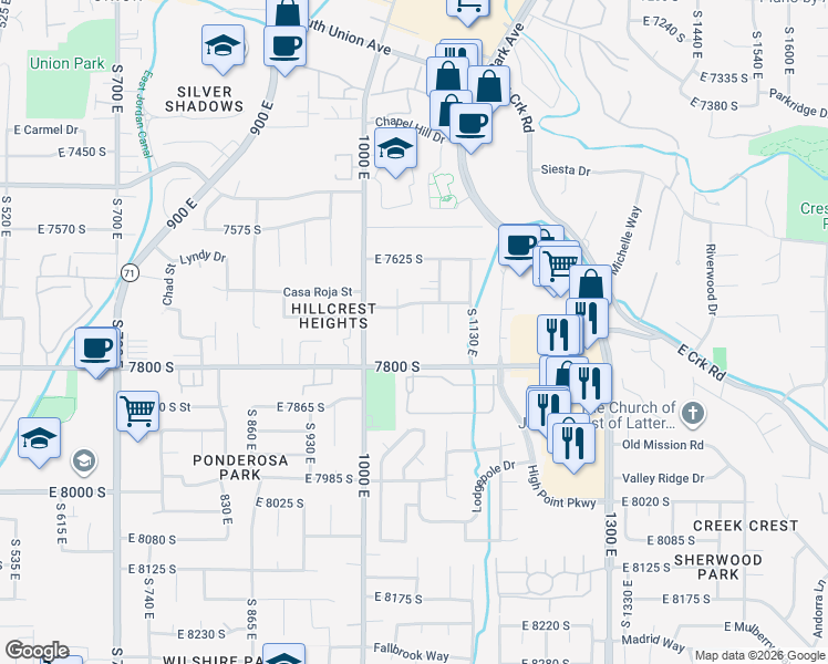 map of restaurants, bars, coffee shops, grocery stores, and more near 7713 South 1040 East in Midvale