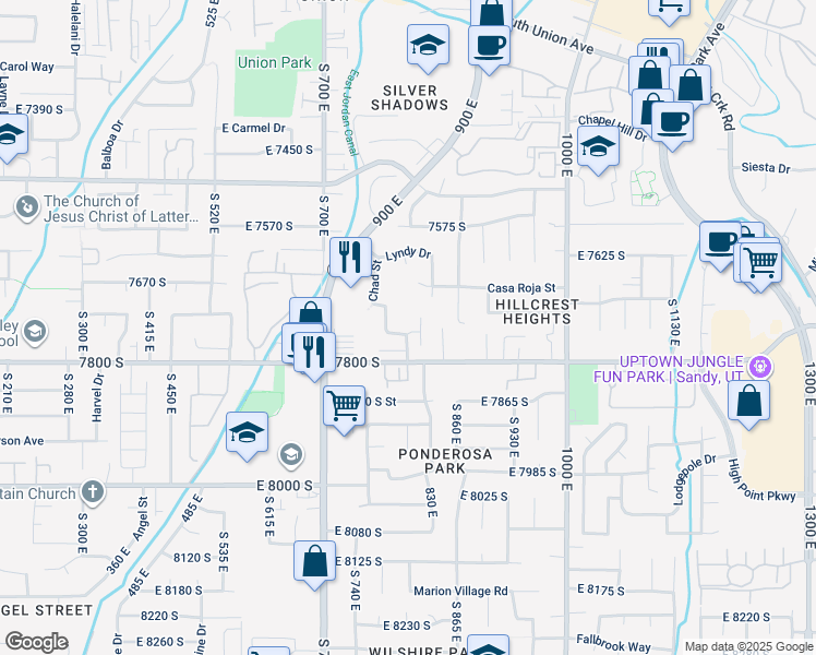 map of restaurants, bars, coffee shops, grocery stores, and more near 825 East Winter Pine Cove in Cottonwood Heights