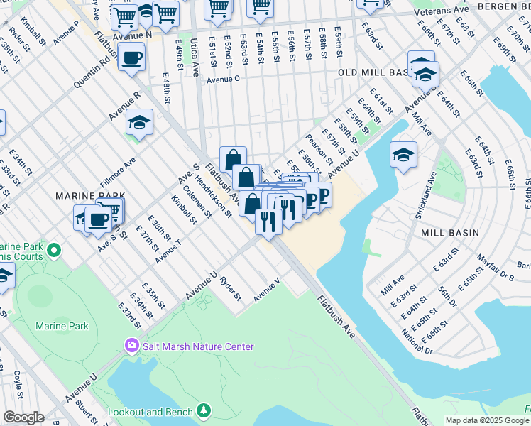 map of restaurants, bars, coffee shops, grocery stores, and more near 2035 East 53rd Street in Brooklyn