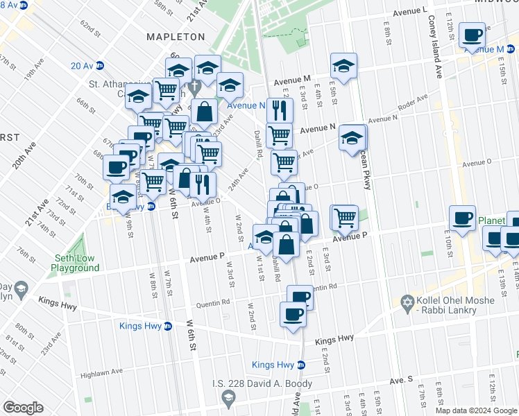 map of restaurants, bars, coffee shops, grocery stores, and more near 2440 64th Street in Brooklyn