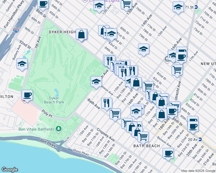 map of restaurants, bars, coffee shops, grocery stores, and more near 52 Bay 8th Street in Brooklyn