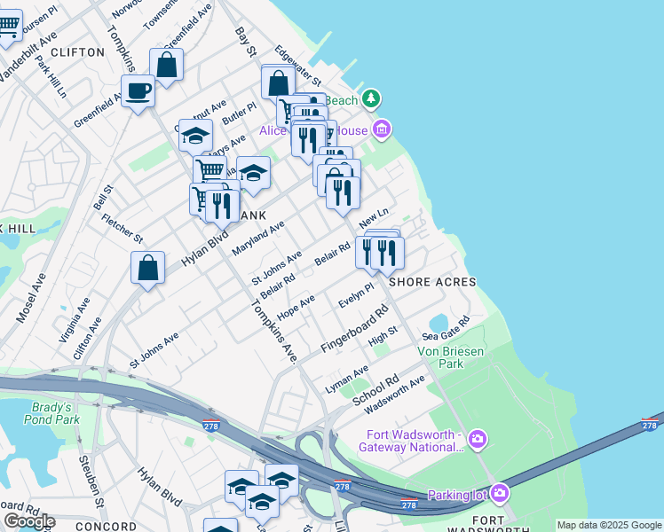 map of restaurants, bars, coffee shops, grocery stores, and more near 37 Belair Road in Staten Island