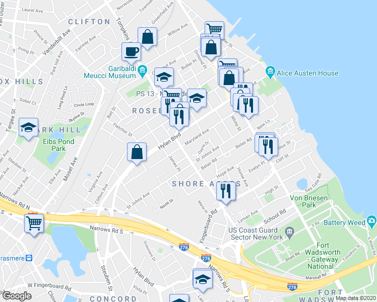map of restaurants, bars, coffee shops, grocery stores, and more near 258 Maryland Avenue in Staten Island