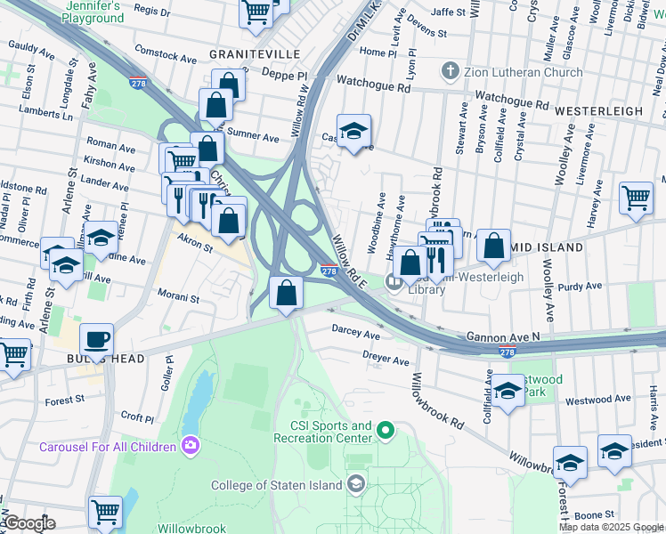 map of restaurants, bars, coffee shops, grocery stores, and more near 15 Nina Avenue in Staten Island