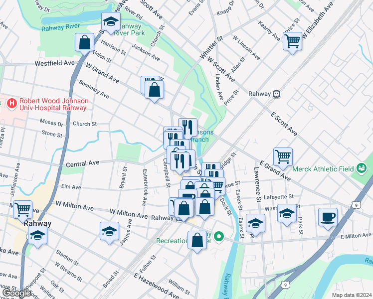map of restaurants, bars, coffee shops, grocery stores, and more near 169-171 Main Street in Rahway