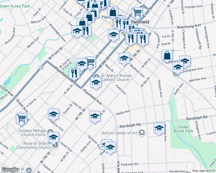 map of restaurants, bars, coffee shops, grocery stores, and more near 452 West 7th Street in Plainfield