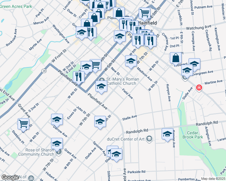 map of restaurants, bars, coffee shops, grocery stores, and more near 452 West 7th Street in Plainfield