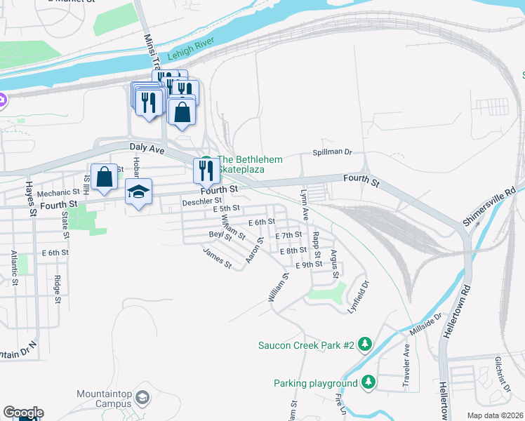 map of restaurants, bars, coffee shops, grocery stores, and more near 1473 East 5th Street in Bethlehem