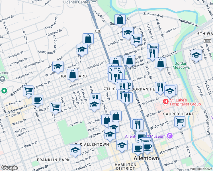 map of restaurants, bars, coffee shops, grocery stores, and more near 630 North 7th Street in Allentown