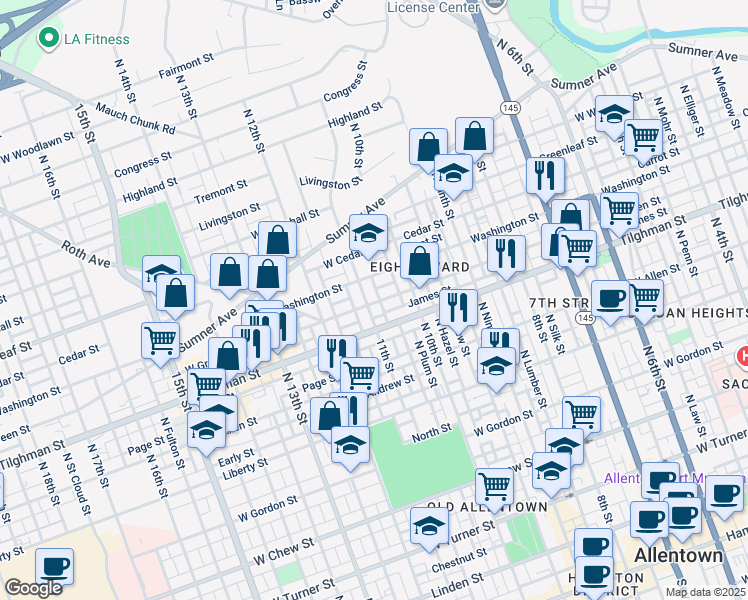 map of restaurants, bars, coffee shops, grocery stores, and more near 749 11th Street in Allentown