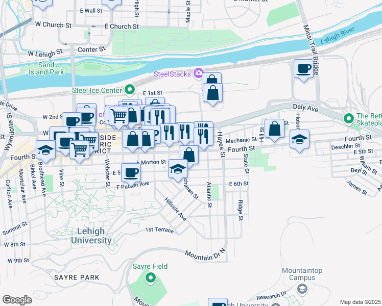 map of restaurants, bars, coffee shops, grocery stores, and more near 714 East 4th Street in Bethlehem