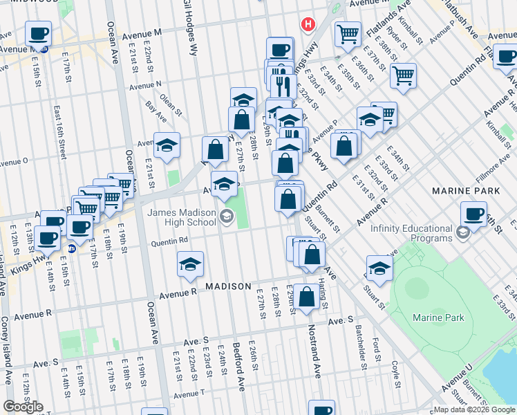 map of restaurants, bars, coffee shops, grocery stores, and more near 1643 East 28th Street in Brooklyn