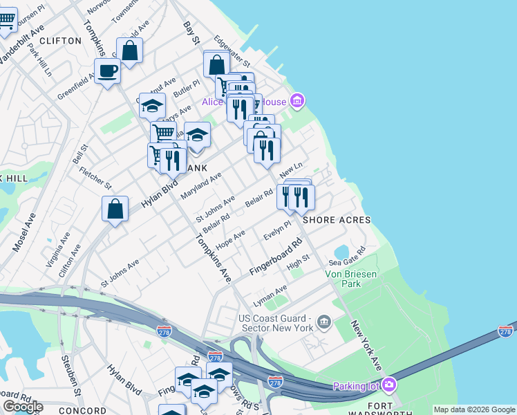 map of restaurants, bars, coffee shops, grocery stores, and more near 37 Belair Road in Staten Island