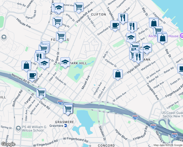 map of restaurants, bars, coffee shops, grocery stores, and more near 159 Mosel Avenue in Staten Island