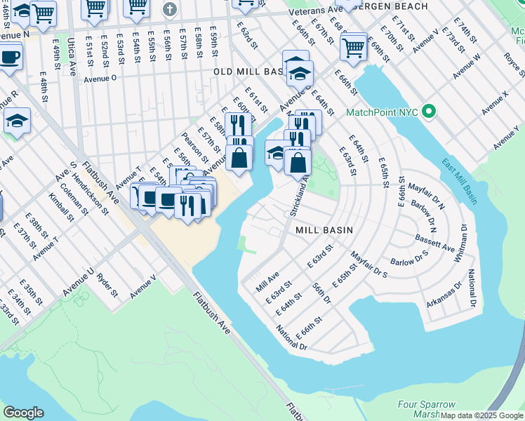 map of restaurants, bars, coffee shops, grocery stores, and more near 86 Bell Point Drive in Brooklyn