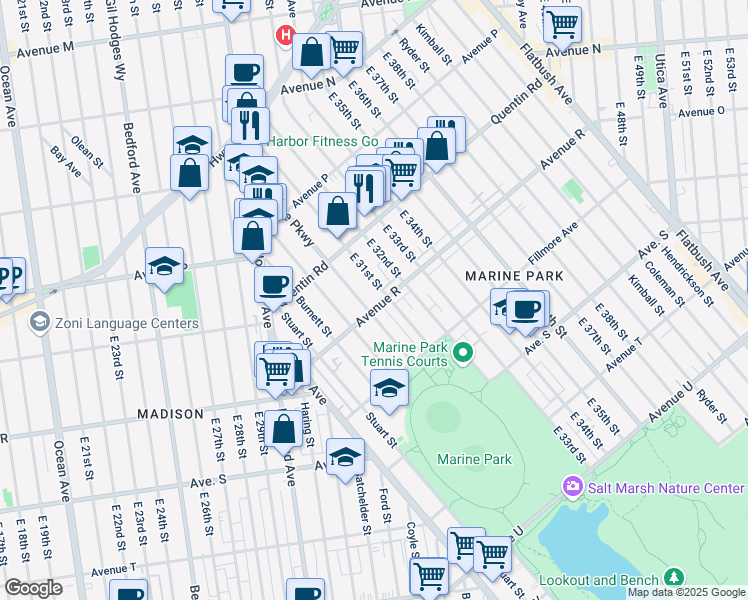 map of restaurants, bars, coffee shops, grocery stores, and more near 1758 East 31st Street in Brooklyn