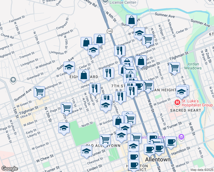 map of restaurants, bars, coffee shops, grocery stores, and more near 636 North Lumber Street in Allentown