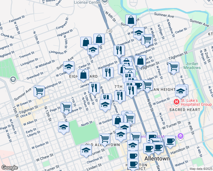 map of restaurants, bars, coffee shops, grocery stores, and more near 636 North Lumber Street in Allentown