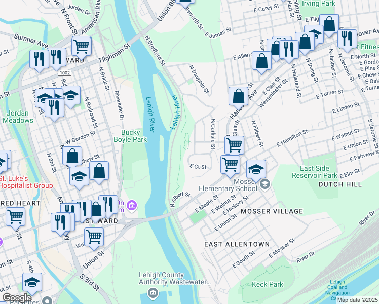 map of restaurants, bars, coffee shops, grocery stores, and more near 198 East Edison Street in Allentown