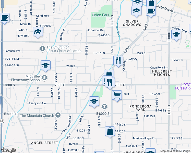 map of restaurants, bars, coffee shops, grocery stores, and more near 7731 Briarsprings Drive in Midvale