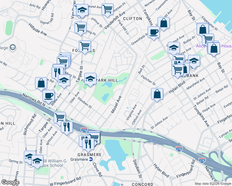 map of restaurants, bars, coffee shops, grocery stores, and more near 45 Leewood Loop in Staten Island