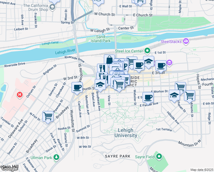 map of restaurants, bars, coffee shops, grocery stores, and more near 329 Vine Street in Bethlehem