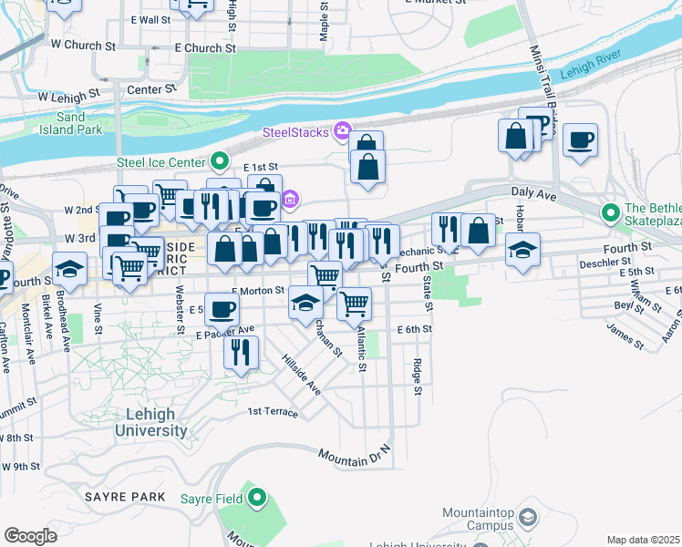 map of restaurants, bars, coffee shops, grocery stores, and more near 732 East 4th Street in Bethlehem