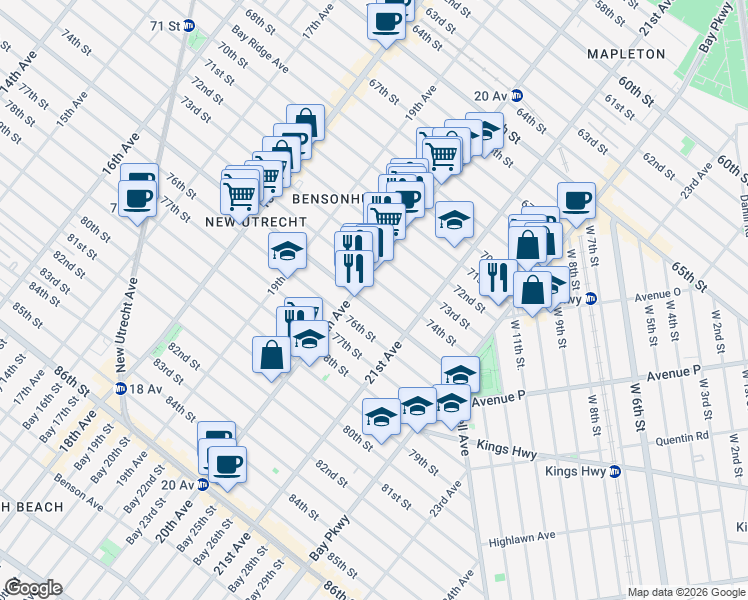 map of restaurants, bars, coffee shops, grocery stores, and more near 2023 Bay Ridge Parkway in Brooklyn
