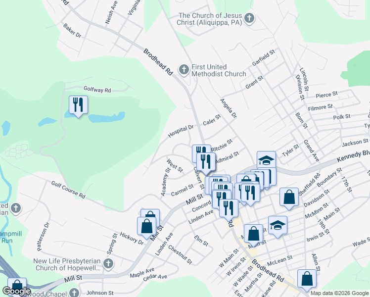 map of restaurants, bars, coffee shops, grocery stores, and more near 2360 Ritchie Street in Aliquippa
