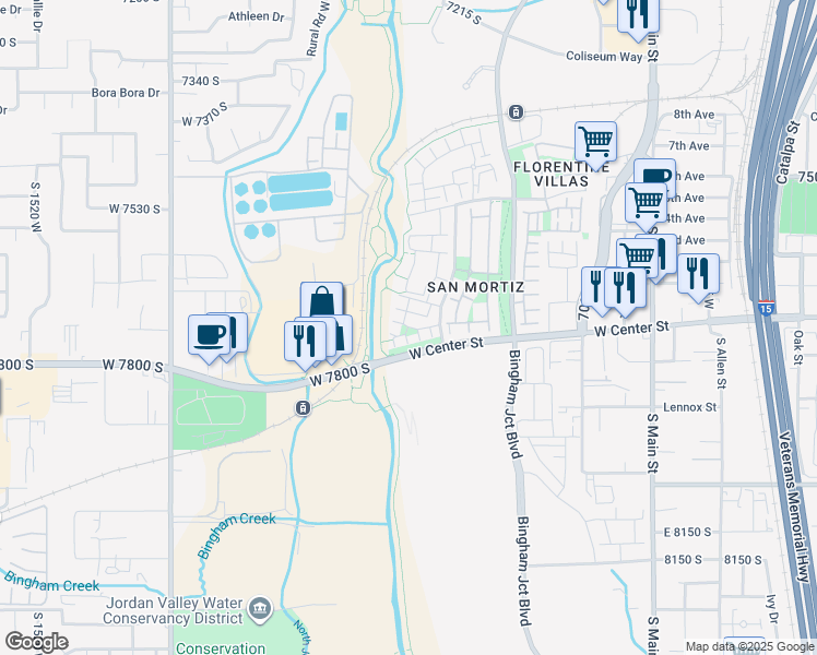map of restaurants, bars, coffee shops, grocery stores, and more near 1059 West Rooftop Drive in Midvale