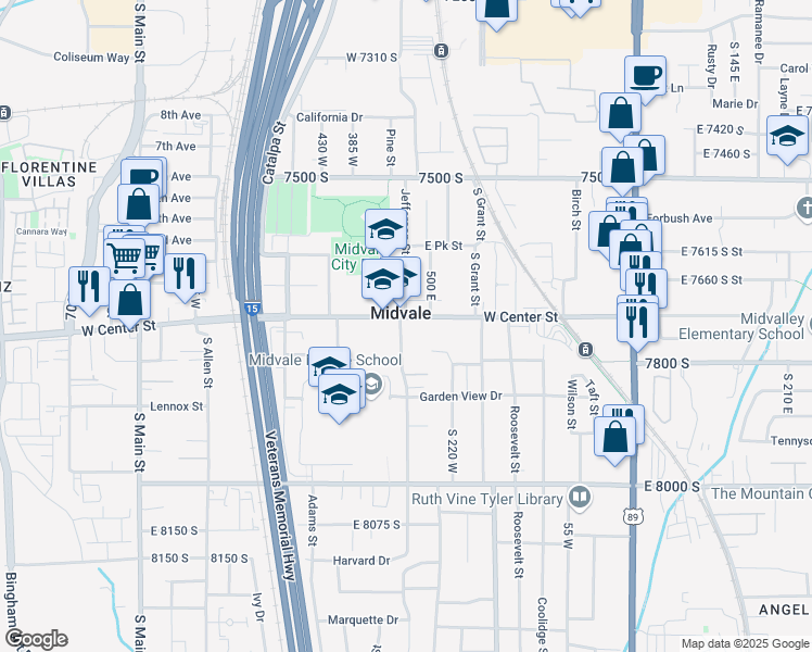 map of restaurants, bars, coffee shops, grocery stores, and more near 303 West Center Street in Midvale