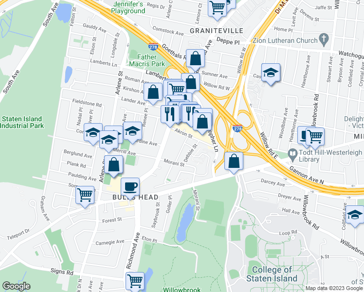 map of restaurants, bars, coffee shops, grocery stores, and more near 54B Jennifer Place in Staten Island